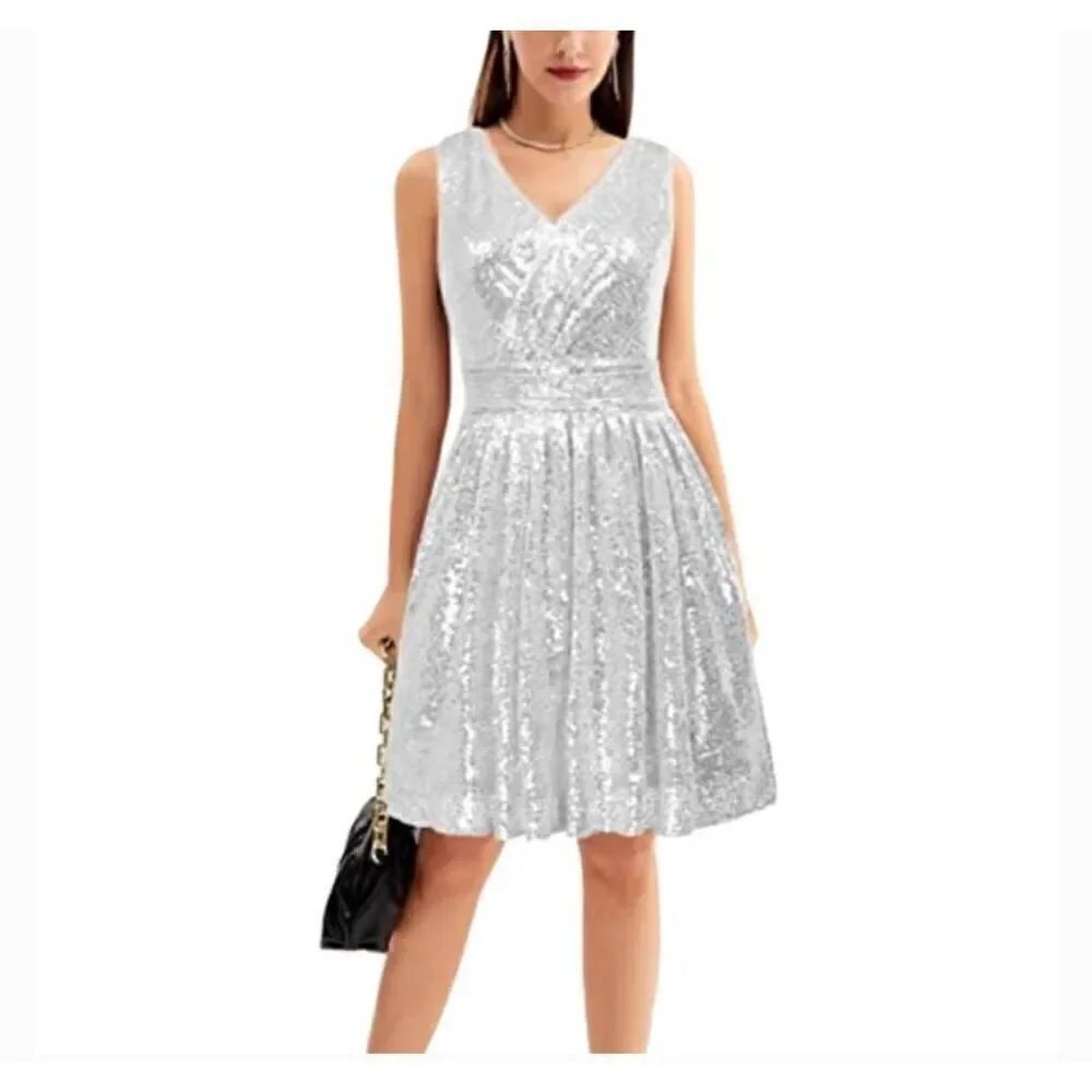 Kate Kasin Silver Sequin Cocktail Dress, NWOT, Sz. 14